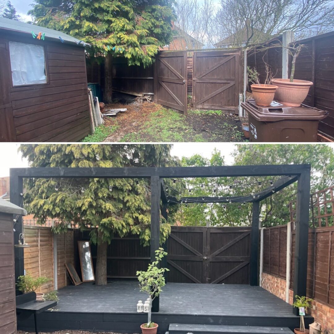 The deck area before and after before and after landscaping