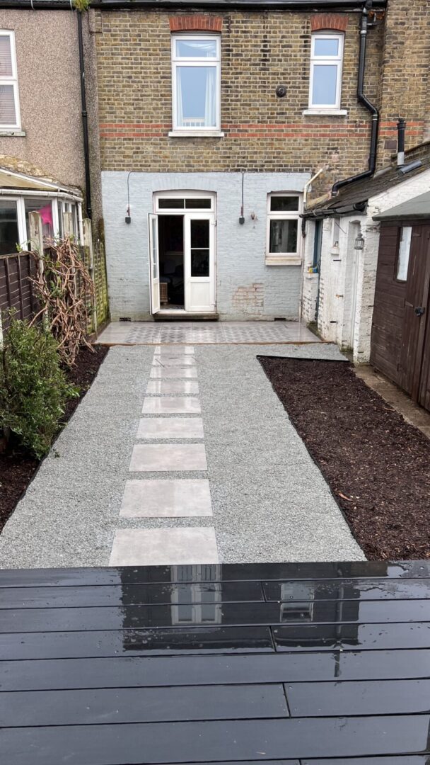 decking, gravel and stepping stones Looking toward the house