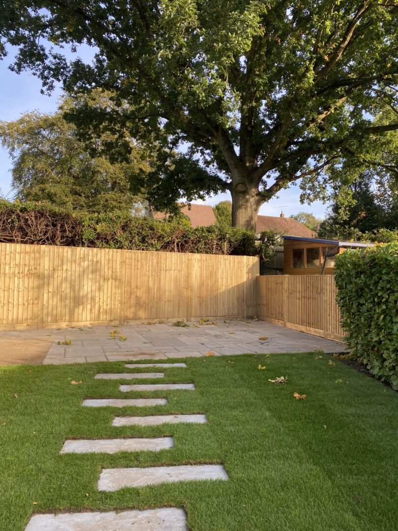 patio at the end of garden Indian sandstone patio