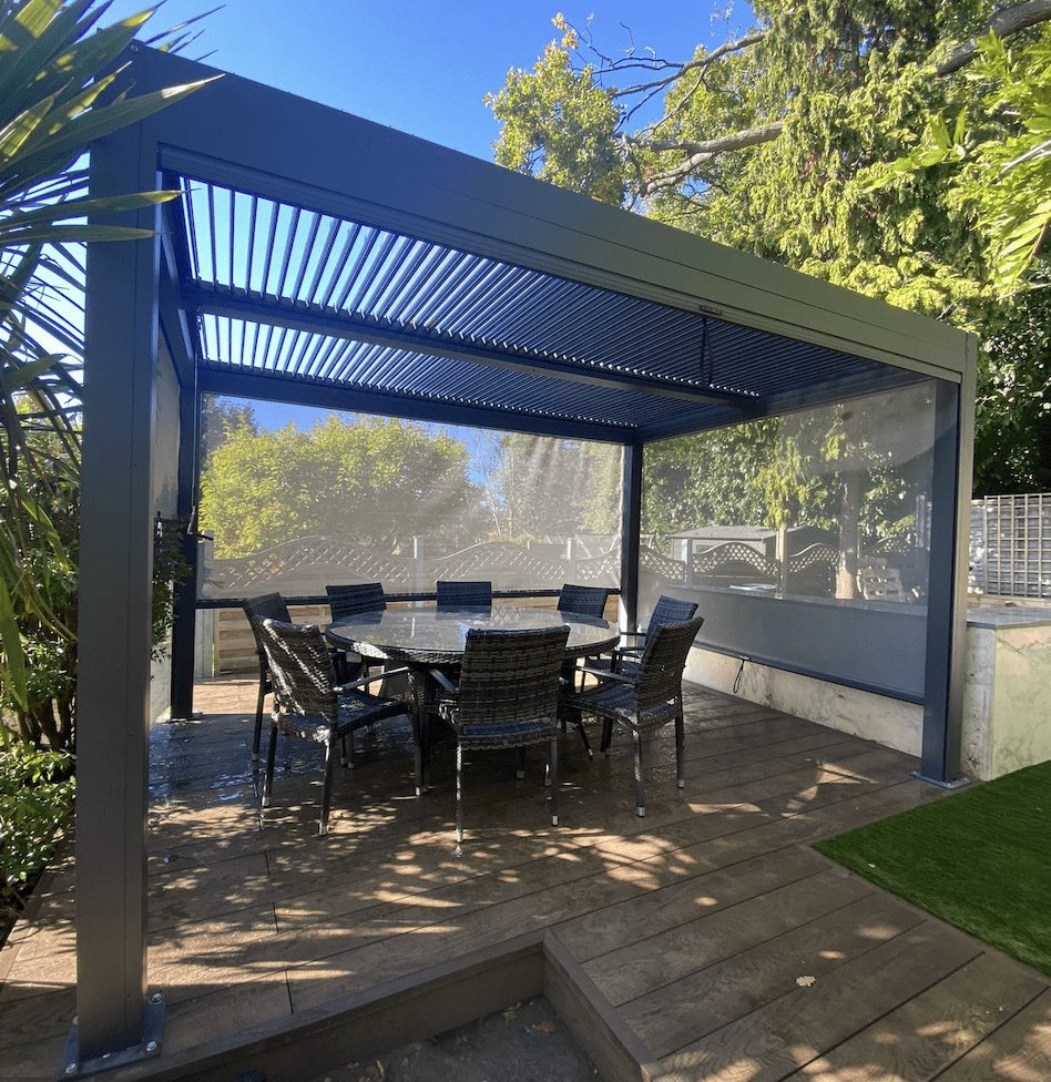 Metal louvred pergola