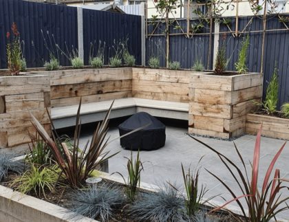 Raised beds and porcelain paving