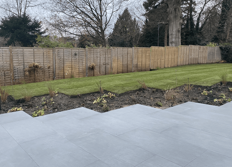 Porcelain patio with flower beds flower beds and porcelain patio