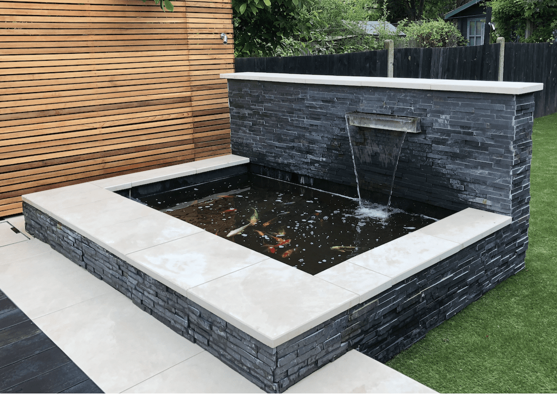 Bespoke porcelain coping Pond with porcelain coping